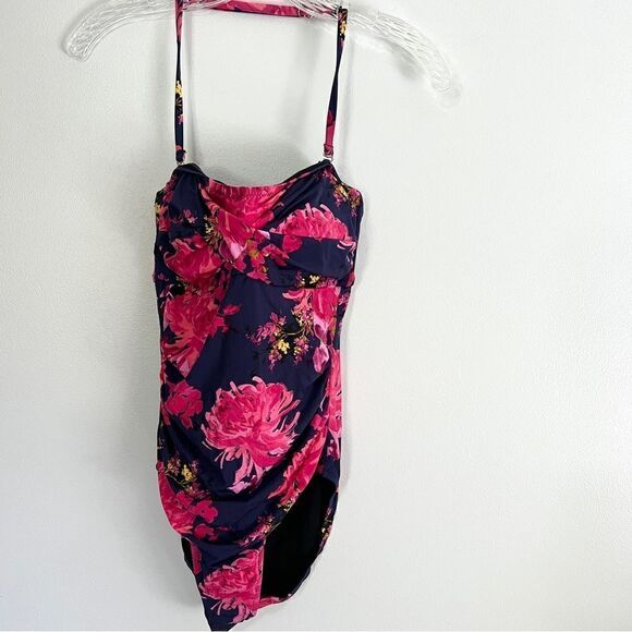 NWT New Garnet Hill Ruched Bandeau One Piece Swimsuit 4 Navy Fuschia Floral - Picture 1 of 8